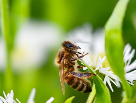 A bee diligently gathers nectar from a white flower amidst lush green foliage.