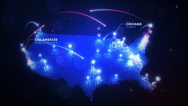 Futuristic glowing digital map of the United States with city connections and data nodes