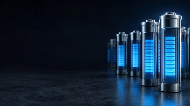 Electric vehicle battery cells with glowing blue charge indicator on dark background