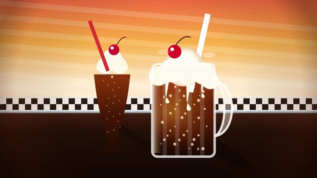 Retro soda floats with whipped cream and cherries in diner