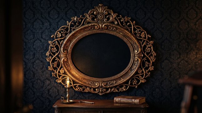 Antique oval mirror with an ornate gold carved frame hanging on a dark blue damask wallpaper wall above a wooden table with a candle and book
