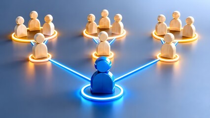 Obraz premium Blue 3D figure connected to a network of wooden figures with glowing lines. Concept of corporate hierarchy and organizational leadership structure.