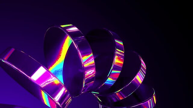 Futuristic holographic 3D abstract metallic disco rings with colorful iridescent refractions rotating seamless loop motion background suitable for presentation, ads, creative media project, stage, etc