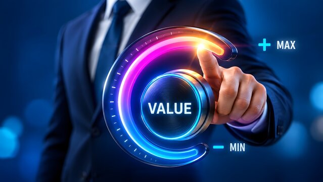 Businessman hand turning a glowing digital value dial to maximum. Concept of corporate brand equity and roi optimization strategy.