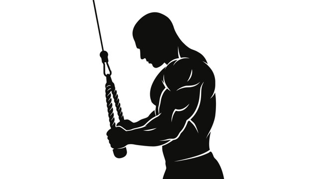 Muscular bodybuilder silhouette performing triceps pushdown exercise with cable rope. Athletic man working out in gym vector illustration. Black and white fitness icon for sports branding.
