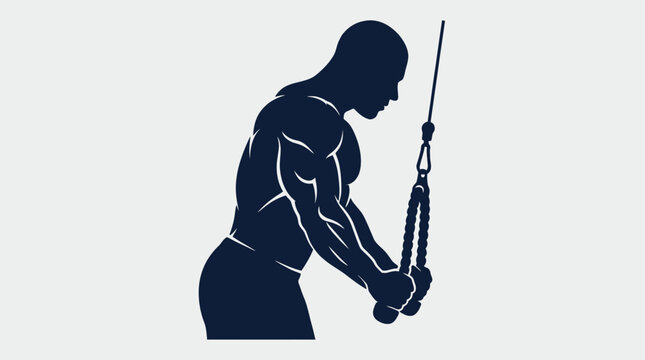 Muscular bodybuilder silhouette performing triceps pushdown exercise on cable machine, athletic man training arm muscles with rope attachment, fitness vector for gym and strength training