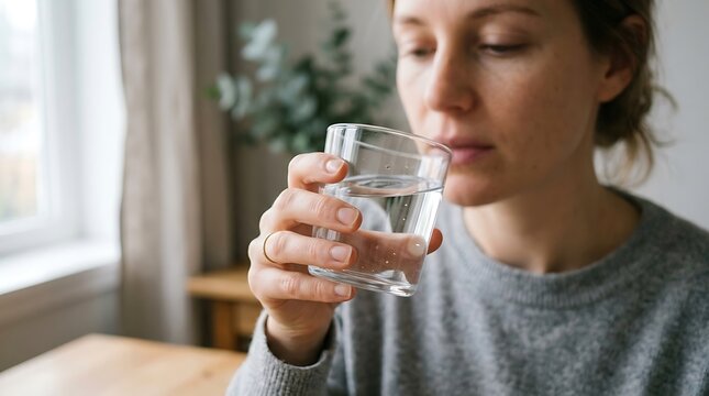 Woman drinking fresh clean water from a clear glass at home focusing on healthy lifestyle and hydration habits