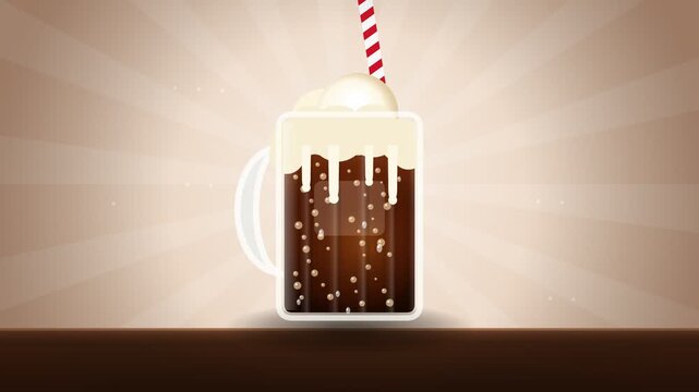 Root beer float in glass mug with striped straw