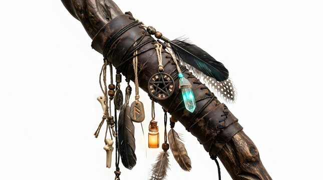 Mystical Shamanic Staff Decorated with Glowing Crystal Pentacle Runes and Feathers on White Background