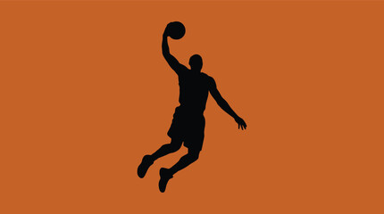 Basketball player silhouette jumping for a slam dunk, athletic male basketballer performing an air dunk on orange background, minimalist sports vector illustration of professional athlete © IconHeaven