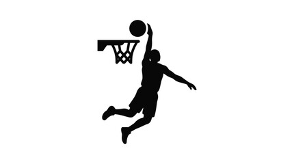 Basketball player slam dunk silhouette, professional athlete jumping to score on hoop. Minimalist black vector illustration of basketball dunking action. Dynamic sports graphic. outline vector © IconHeaven