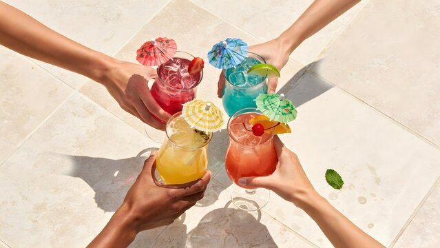 Vibrant poolside cocktail drinks with colorful umbrellas and fresh fruit decorations