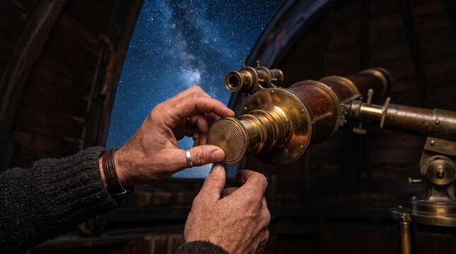 Close-up of hands adjusting the focus on a vintage brass telescope inside an observatory pointing towards the starry night sky and Milky Way galaxy.