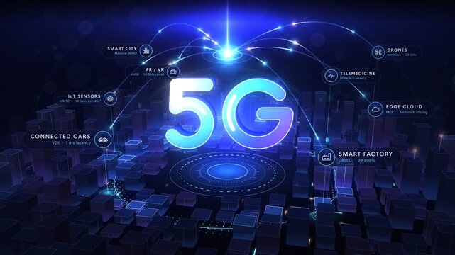 Futuristic 5G Network Technology Infographic with Connected City Landscape and Data Hub