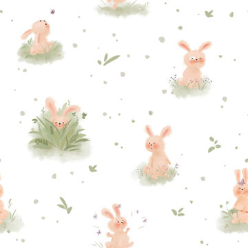 Minimalistic seamless pattern of rabbits in the grass on a white background