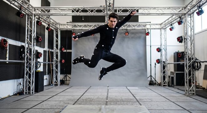 Stunt Actor Jumping in Motion Capture Suit in Studio