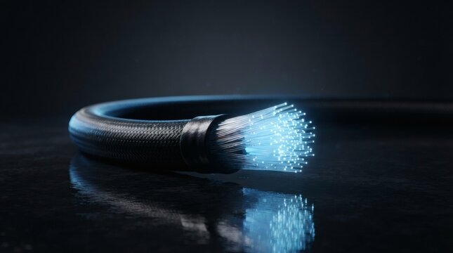 Glowing blue fiber optic cable end resting on dark reflective surface emitting light with glossy surface reflecting illuminated fiber tip resting