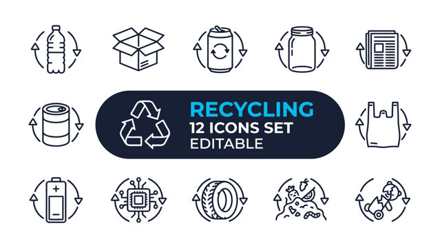 Recycling Icons Set: A collection of 12 editable line icons illustrating various recyclable materials and the recycling process, including bottles, cans, boxes, and electronic waste.