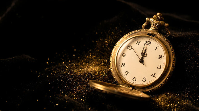 Vintage golden pocket watch on dark background with glittering gold dust for new year celebration countdown
