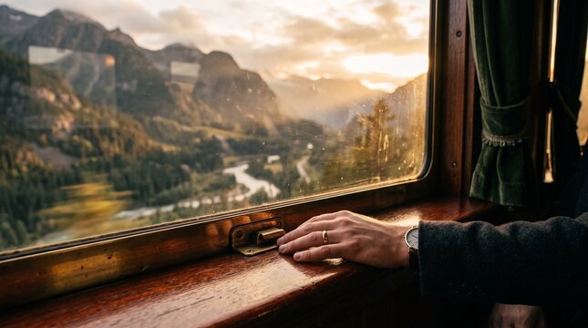 Close-up of a passenger hand resting on a wooden window sill inside a luxury vintage train carriage, looking out at a scenic mountain landscape during golden hour.