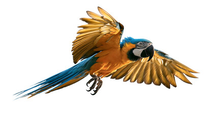 Vibrant blue and yellow macaw parrot in flight with wings spread wide © Elodie