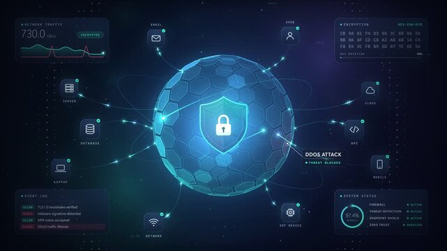 Digital Cybersecurity HUD Loop Featuring Firewall Shield and Network Threat Detection