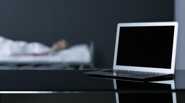 Silver laptop on desk beside bed in dimly lit bedroom with copy space