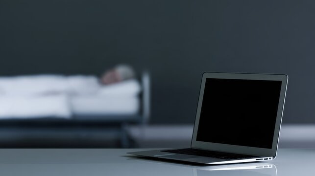 Silver laptop positioned on minimalist workspace near bedroom setting