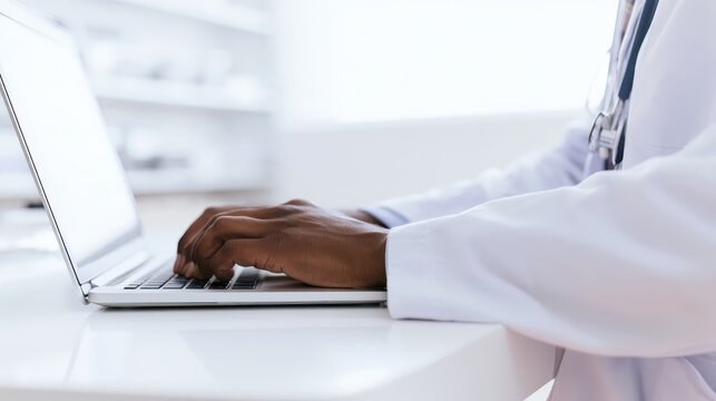 Medical professional working on laptop in clinical setting with copy