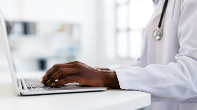 Medical professional working on laptop in clinical setting with copy
