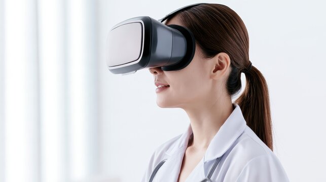 East Asian woman experiencing virtual reality immersion in modern