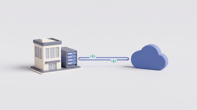 Cloud Computing Network: A stylized illustration depicts a modern building with a server rack connected to a cloud symbol via a data stream, representing cloud computing and data transfer.