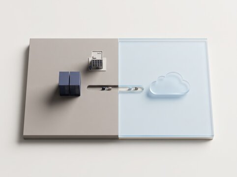 Data Migration Concept: A conceptual representation of data transfer from physical storage, like a cube on a textured surface, to a digital cloud, symbolized by a cloud icon on a glass panel.