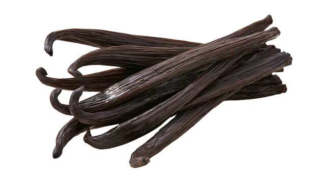 Dark brown dried vanilla bean pods arranged in a small bundle