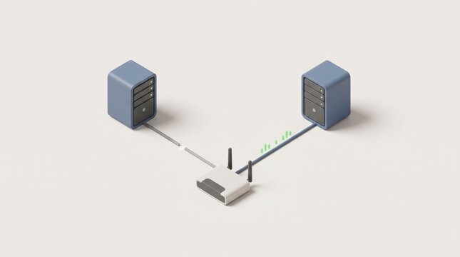Network Failover: A simplified illustration shows two server towers connected to a central router, symbolizing data flow and network connectivity in a clean, minimalist style.