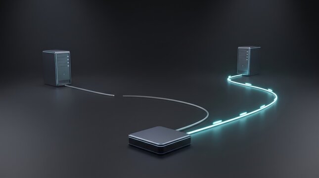 Dark Spatial Redundancy System: A futuristic network hub connects two modern devices with a glowing blue data stream, symbolizing advanced technology and digital connectivity.