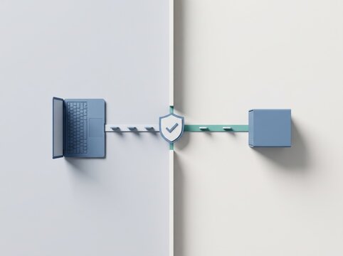 Digital Fortress: A stylized representation of data security, showing a laptop connected by a chain to a cube, with a shield icon at the center symbolizing protection.