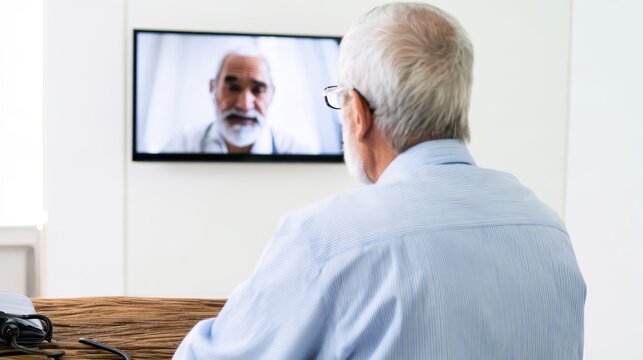 Elderly man watching video call on large screen in modern office