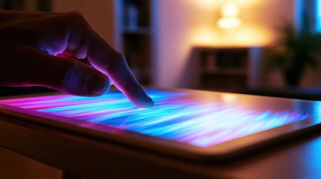 Person using illuminated tablet with colorful interface in cozy