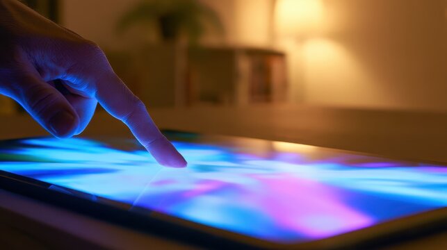 Person using tablet with glowing blue interface in cozy indoor