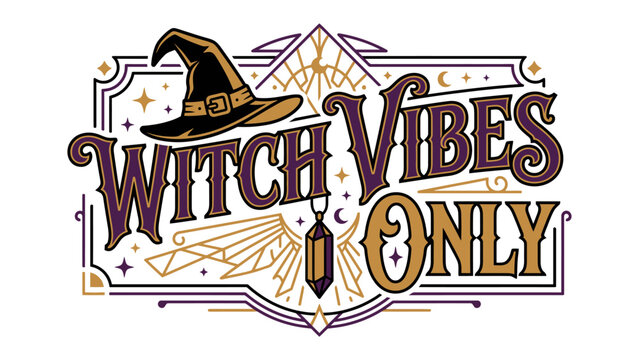 Witchy Vibes Only Graphic: A stylized graphic featuring a witch hat, amulet, and celestial elements, proclaiming Witch Vibes Only in a whimsical, mystical font, perfect for magical enthusiasts.