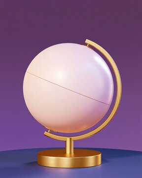 Minimalist globe with matte pastel sphere and gold metal stand against purple gradient background, modern decor object