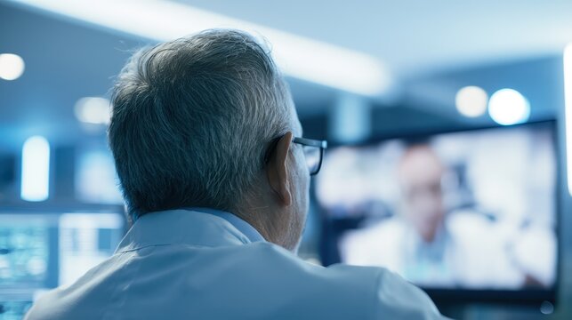 Senior male professional observing medical presentation in modern