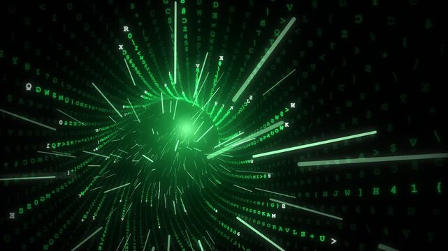 Green matrix digital data tunnel flying through code and numbers in 4K loop