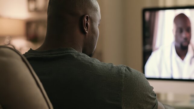 Man watches video call on television in cozy living room with copy
