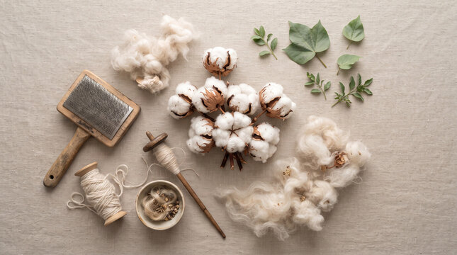 Raw cotton bolls with spinning tools arranged on linen fabric