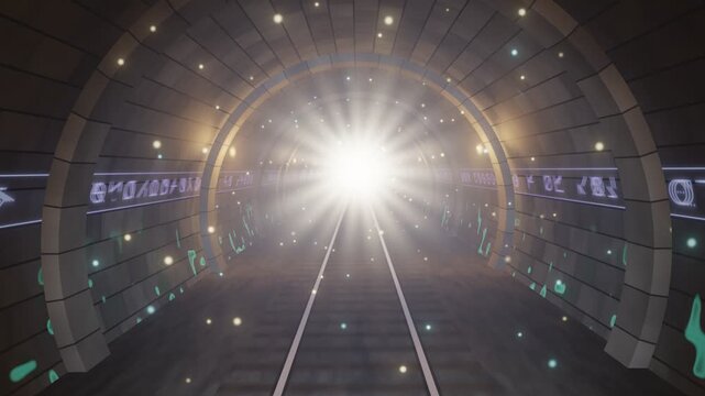 Mystic futuristic train tunnel journey with glowing runes and light at the end