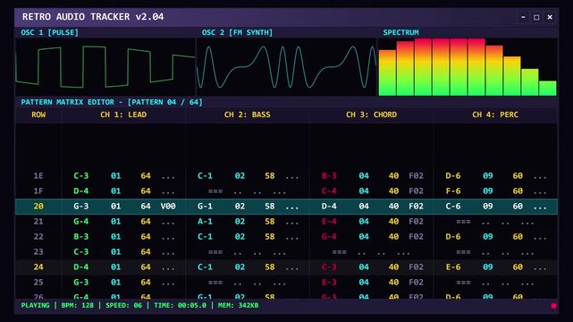 Retro Audio Tracker Software Interface with Moving Pattern Matrix Editor