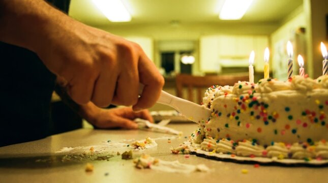 A person uses a plastic knife to cut a birthday cake with candles.