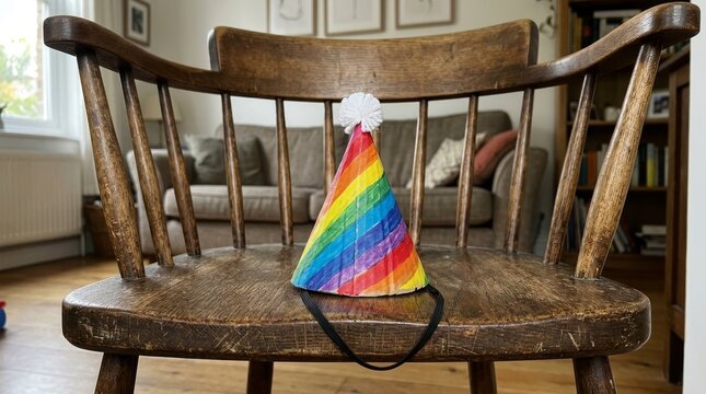 A handmade rainbow party hat sits on top of a vintage wooden chair.